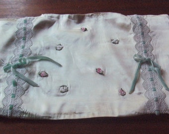 1980s-Pretty, small, pale green LINED SATIN bedroom cushion cover+ lovely lace/velvet ribbon design/embroidered roses-One owner.O/all good