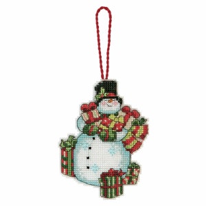 May include: A white snowman cross-stitch ornament with a black top hat, red scarf, and green holly. The snowman is holding a stack of colourful wrapped presents.