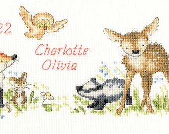 Bothy Threads XKG4 Woodland Welcome - Birth Sampler Counted Cross Stitch Kit - design by Kate Garrett