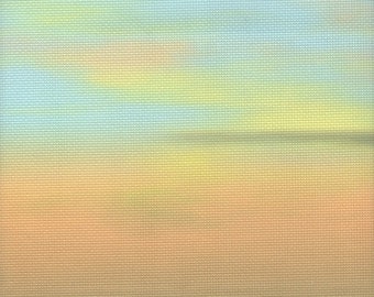May include: A textured canvas painting with a gradient of colors from light blue to yellow to orange. The canvas has a subtle woven pattern.