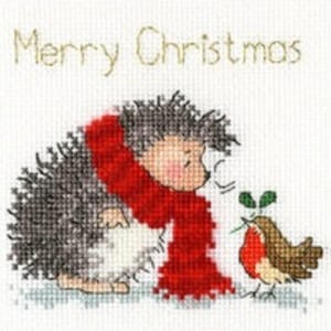 Voeux de Noël Bothy Threads XMAS32 - Kit point de croix Hérisson et Robin par Margaret Sherry avec carte à trois volets