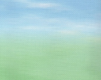 May include: A textured canvas with a gradient of colors. The top portion transitions from light blue to white, resembling a sky. The bottom half fades from light green to a deeper green, creating a visual contrast.