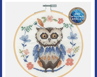 DMC BK1925 Folk Owl Cross Stitch Kit with 18cm (7") Embroidery Hoop