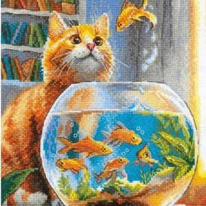 May include: A cross-stitch embroidery pattern featuring an orange tabby cat looking at a goldfish bowl. Inside the bowl are four orange goldfish swimming among green aquatic plants. A fifth goldfish is depicted leaping above the water.