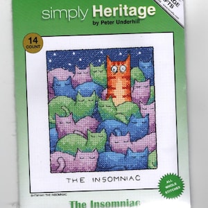 May include: A cross-stitch pattern featuring a group of cats sleeping, with one cat awake and looking out at the viewer. The pattern is titled "The Insomniac" and is from the "Simply Heritage" collection by Peter Underhill. The pattern is 14 count and uses all whole stitches.