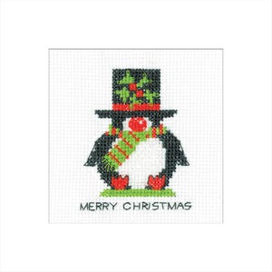 Heritage Crafts - Pingouin - Kit de cartes de Noël haut de forme au point de croix par Kirsten Roche