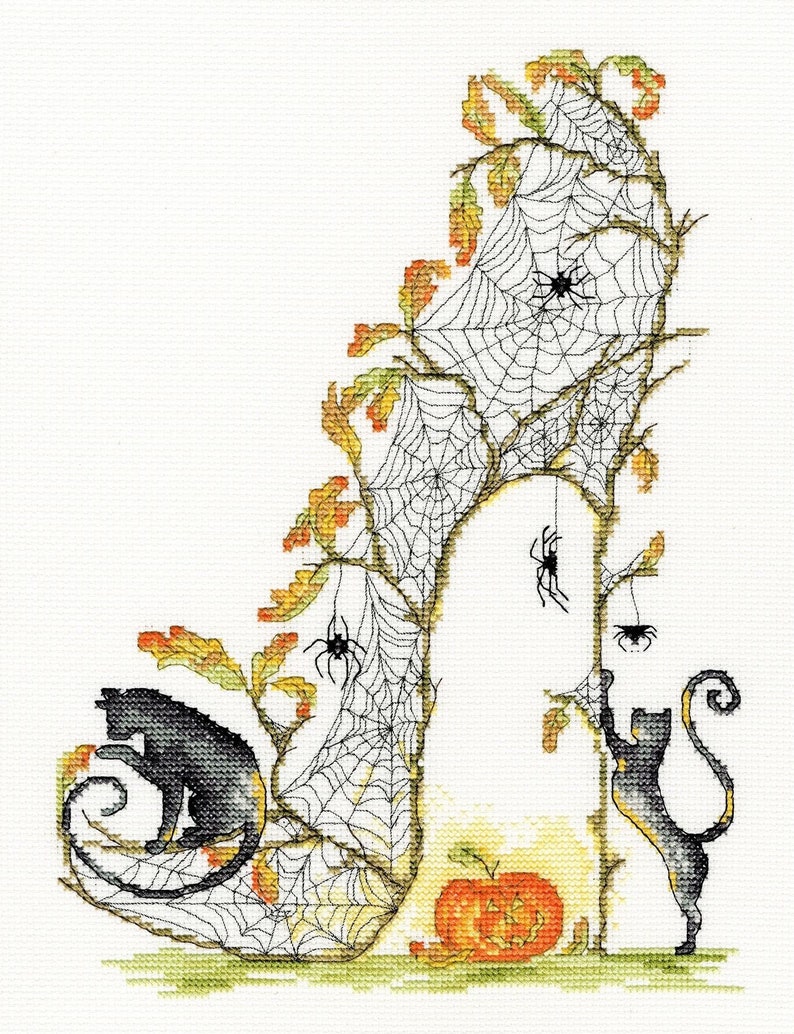 May include: A black cat sits on a spiderweb-covered high heel shoe with a jack-o'-lantern pumpkin in the foreground. The shoe is surrounded by spiderwebs and black spiders.
