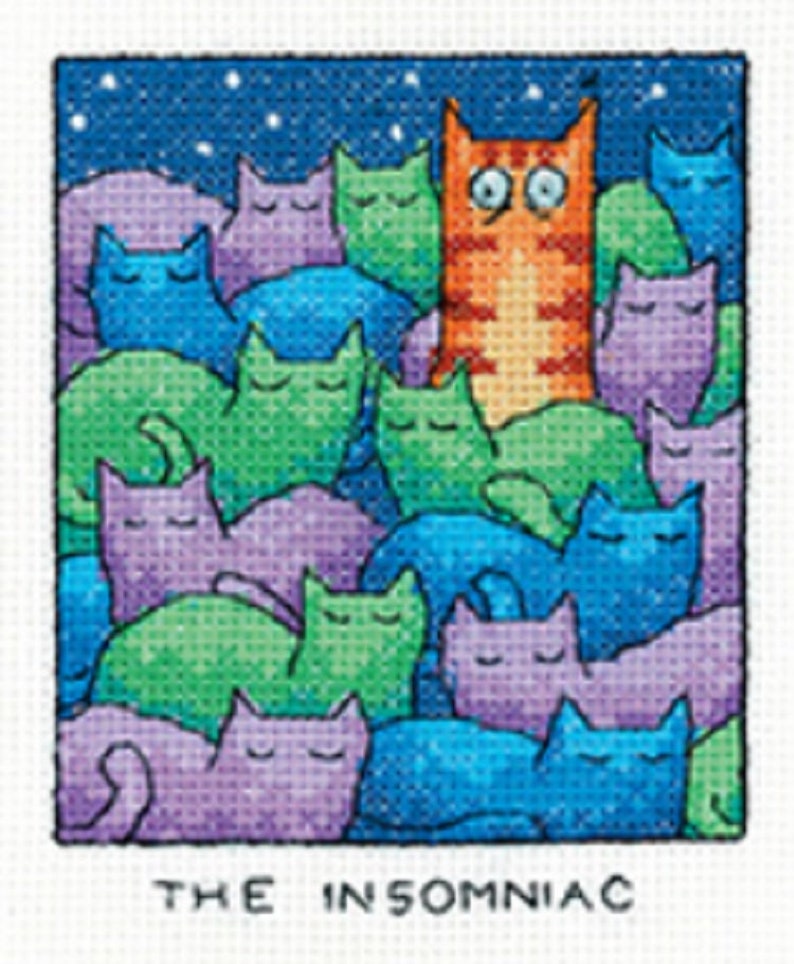 May include: A cross-stitch pattern featuring a group of sleeping cats with a single orange cat awake, with the text "THE INSOMNIAC" at the bottom.