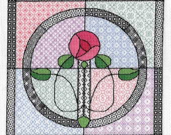 KL205 Stained Glass Rose Blackwork Kit designed by Goldleaf Needlework (design includes some cross stitch)
