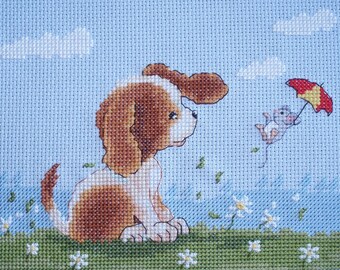 KL65 Windy Day! Sam & Peeps (Puppy and Mouse) Counted Cross Stitch Kit