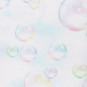 May include: White fabric with a repeating pattern of translucent, colorful bubbles. The bubbles are in shades of pink, blue, green, and yellow, creating a whimsical and airy design.