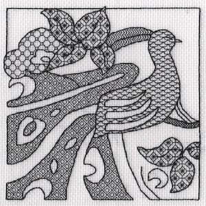May include: Black and white embroidery design featuring a stylized bird perched on a branch with floral accents.