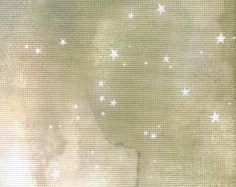 May include: A beige canvas background with a scattered pattern of white stars.