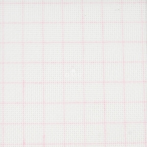 May include: White Aida cloth with a pink grid pattern. This is a type of fabric used for cross-stitch embroidery.