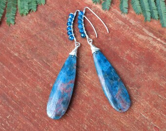 Apatite dangling earrings, 925 silver long ear hook, boho style blue beads jewelry, gift for her