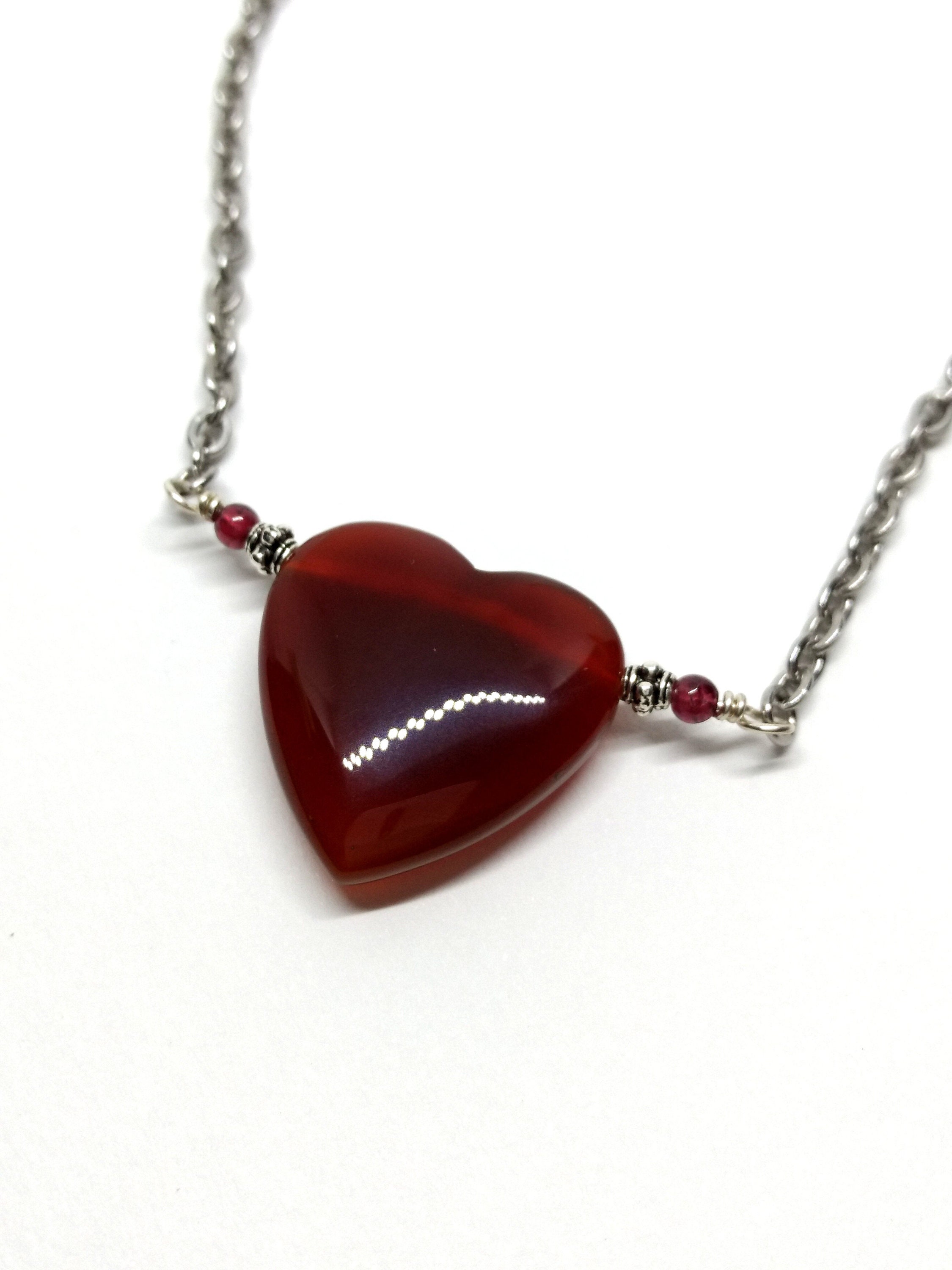 Red Agate Heart Necklace Red Stone Choker Silvery Chain Etsy UK