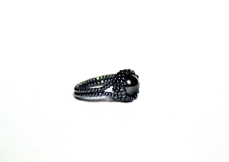 beaded ring black jewelry hematite seed beads Hematite bead ring solitaire feminine jewel little ring round