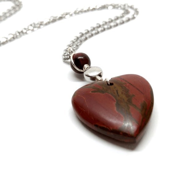 Collier coeur jaspe, pendentif pierre rouge, cadeau st valentin