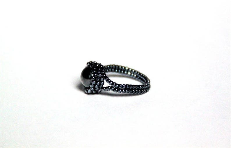beaded ring black jewelry hematite seed beads Hematite bead ring solitaire feminine jewel little ring round
