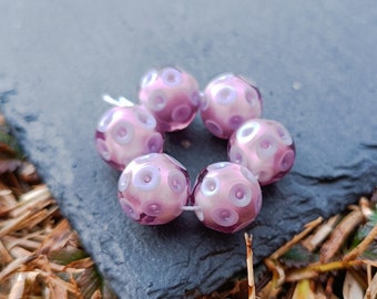 Lampwork Murano Glass Beads - Pink with Violet Dots, Set of 6