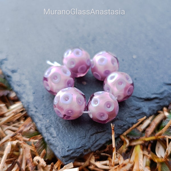 6pc lampwork beads Violet Dots on Pink with Murano glass