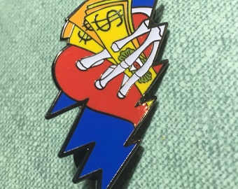 May include: A red heart with a blue lightning bolt design, a skeleton hand holding a stack of yellow bills with dollar signs printed on them.