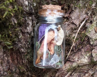 May include: A small glass jar with a cork top and a silver wire around the neck. The jar is filled with dried flowers and leaves, including purple, orange, and green.