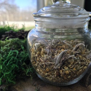 Puede incluir: Un tarro de boticario de vidrio transparente con tapa, lleno de hierbas y flores secas. El tarro está sobre una superficie de madera con musgo verde y un fondo borroso. Contiene manzanilla y salvia.