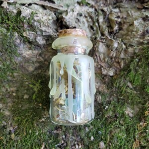 May include: A small glass bottle with a cork stopper is filled with dried herbs and crystals. The bottle is sealed with a layer of wax that has dripped down the sides.