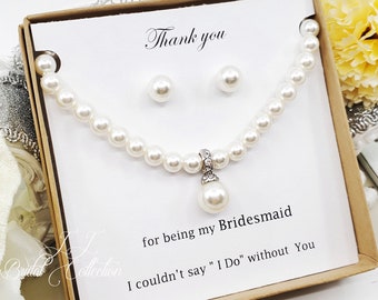 6mm Pearl Necklace with 10mm Pearl Charm Bridesmaid Necklace and 8mm Pearl 925 Silver Post Earrings Set, Bridesmaid Jewelry Gift