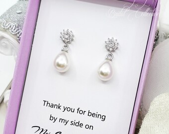 Flower Halo Cubic Zirconia with Teardrop Pearl 925 Silver Post Earrings, Bridesmaid earrings gift