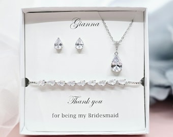 Dainty Teardrop CZ Earrings, Necklace and Adjustable Bracelet Set, Wedding Party Bridal bridesmaid Jewelry Gift