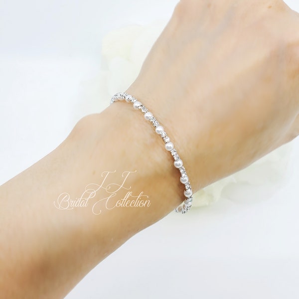 Tiny Pearl and Rhinestone Flexible Bridesmaid Bracelet, Bridesmaid Jewelry Gift