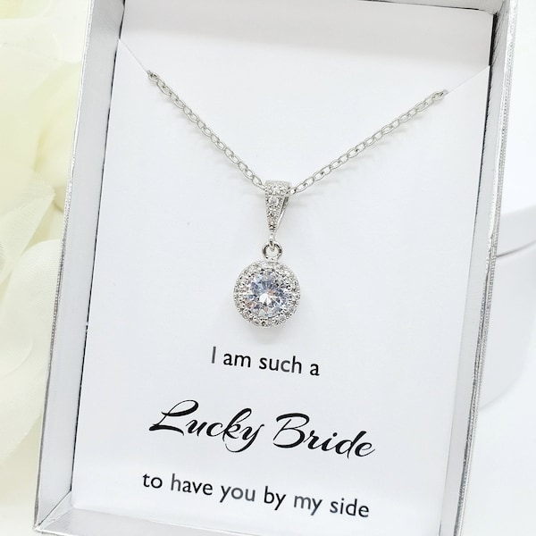 Wedding Party Halo Round Cubic Zirconia Necklace, Bride,Bridesmaid Necklace Jewelry gifts