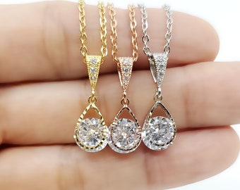 Teardrop Design with Round shape Crystal Necklace, Bride,Bridesmaid Necklace gifts