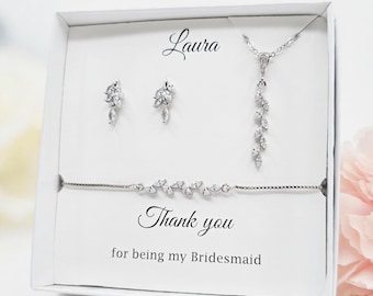 Tiny Leaves Cubic Zirconia Earrings, Necklace and Adjustable Bracelet Set, Wedding bridesmaid Jewelry Gift