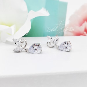 925 Silver Post Wedding Earrings, Cute Leaves with dangle Teardrop CZ Bridesmaid Earrings Gift, Bridal Party gift, Custom Message