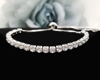 Clear Round-cut Cubic Zirconia Slide Adjustable Wedding Bridal Bracelet, Bridesmaid Bracelet gift, Bridal Party Gift, Wedding Jewelry