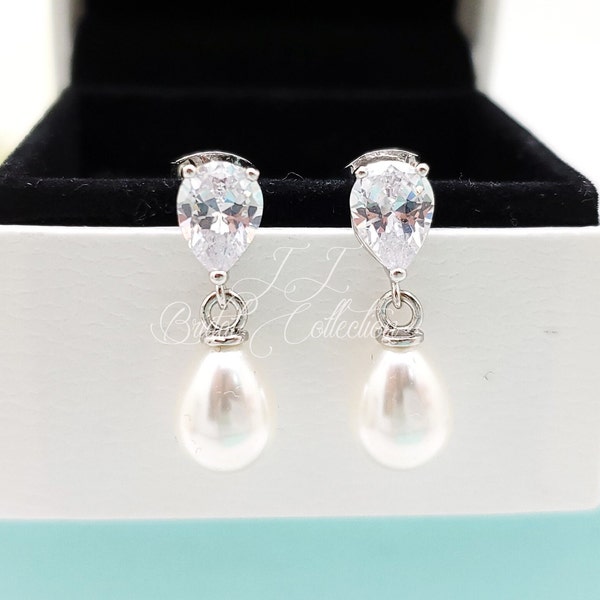 925 SILVER Post Double side Teardrop Cubic and Pearl Bridesmaid Earrings Gift