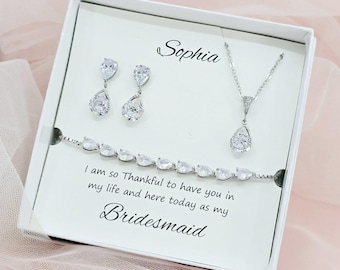 Teardrop Design with Round shape CZ Earrings, Necklace and Adjustable Bracelet Set, Wedding Bridal bridesmaid Jewelry Gift,Wedding Party Set