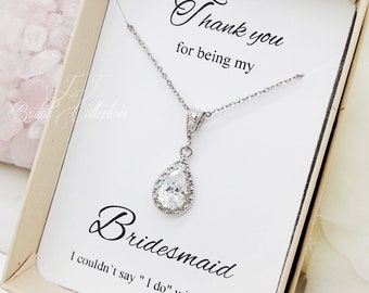 Flat and Simple Dangle Teardrop Cubic Zirconia Necklace, Bridesmaid Necklace Gift