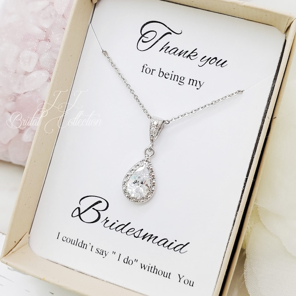 Flat and Simple Dangle Teardrop Cubic Zirconia Necklace, Bridesmaid Necklace Gift