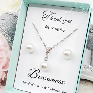 Conjunto de brincos e colar de madrinha de casamento de prata 925 de pérola simples de 8 mm, conjunto de joias de pérolas de noiva, presente para a mãe, festa de noiva