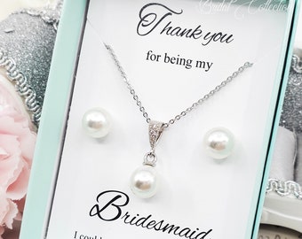 8mm Simple Pearl 925 Silver Post Wedding Bridesmaid Earrings and Necklace Set, Bridal Pearl Jewelry Set, Gift for Mom Bridal Party