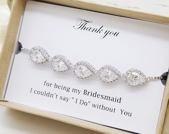SILVER Teardrop Cubic Zirconia Slide Adjustable Bracelet gift, Bridesmaid Bracelet Gift