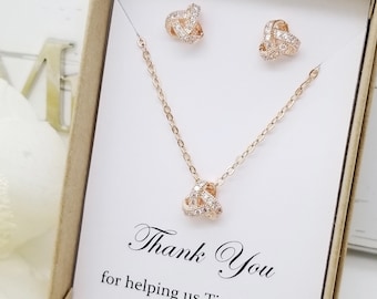 Tie the Knot with Cubic Zirconia Earrings and Necklace Set, Wedding Bridesmaid jewelry set gift, gift for Mom