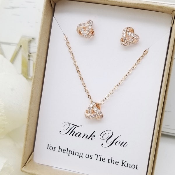 Tie the Knot with Cubic Zirconia Earrings and Necklace Set, Wedding Bridesmaid jewelry set gift, gift for Mom