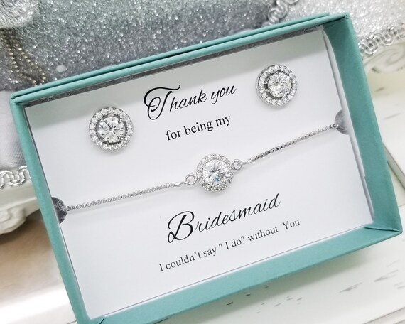 Flat halo Earrings and adjustable Bracelet Set, Wedding Bridal Bridesmaid Jewelry Set Customize Message Gift
