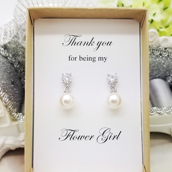 925 Silver post and Simple 8mm Pearl with dangle Crystal Flower girl Earrings, Bridesmaid gifts Bridal Wedding jewelry Mom