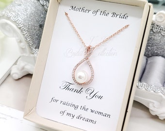 Rose Gold Forever LOVE Cubic Zirconia with Pearl Bridesmaid Necklace, Mother of the Bride and Groom Necklace Gift